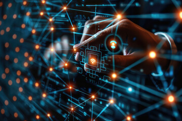 Martech marketing technology concept. Businessman touching network connection on online marketing system for digital market commerce online sale. Marketing automation and digital advertising.