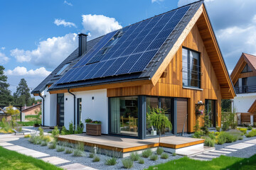 New suburban house with a photovoltaic system on the roof. Modern eco friendly passive house with solar panels on the gable roof, driveway and landscaped yard