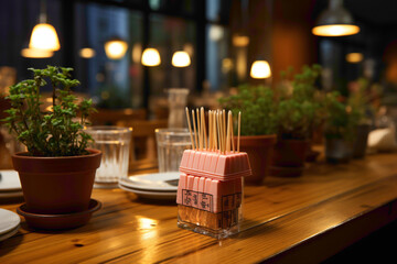 A common disposable toothpick dispenser on a restaurant dining table - obrazy, fototapety, plakaty