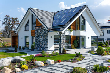 New suburban house with a photovoltaic system on the roof. Modern eco friendly passive house with solar panels on the gable roof, driveway and landscaped yard - obrazy, fototapety, plakaty