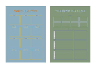 Annual overview and This Quarter's Goal planner. Minimalist planner template set. Vector illustration.	