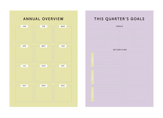(Pastel spring) Annual overview and This Quarter's Goal planner. Minimalist planner template set. Vector illustration.	