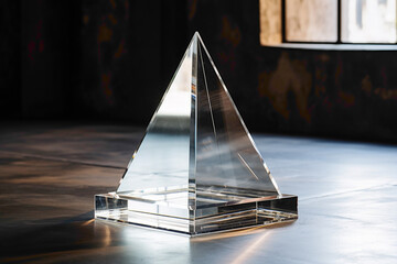 A crystal-clear glass prism reflecting ambient light, positioned on a polished marble surface with stunning clarity