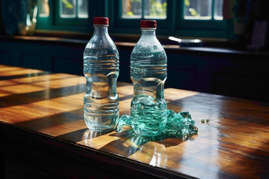 A crumpled and empty plastic water bottle on a study desk