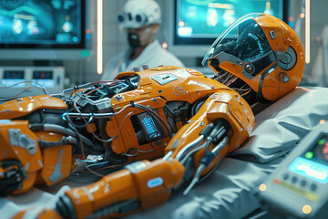 Surgery Patient Laying On Surgical Table. Robot Arms Performing High-Precision Nanosurgery In Hospital. Automated Robotic Limbs Operating, VFX Holographic Displays Showing Heartbeat, Blood Pressure.