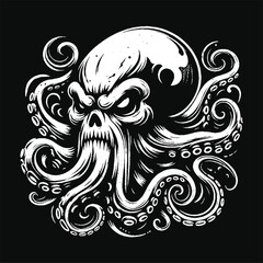 Obraz premium Dark Art Octopus Beast tentacles squid skull horror Tattoo Grunge Vintage Style illustration