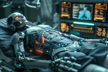 Surgery Patient Laying On Surgical Table. Robot Arms Performing High-Precision Nanosurgery In Hospital. Automated Robotic Limbs Operating, VFX Holographic Displays Showing Heartbeat, Blood Pressure.
