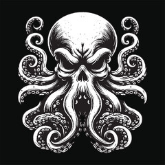 Dark Art Octopus Beast tentacles squid skull horror Tattoo Grunge Vintage Style illustration