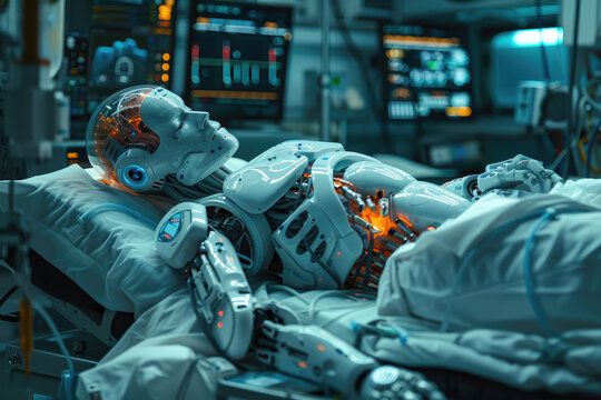 Surgery Patient Laying On Surgical Table. Robot Arms Performing High-Precision Nanosurgery In Hospital. Automated Robotic Limbs Operating, VFX Holographic Displays Showing Heartbeat, Blood Pressure.