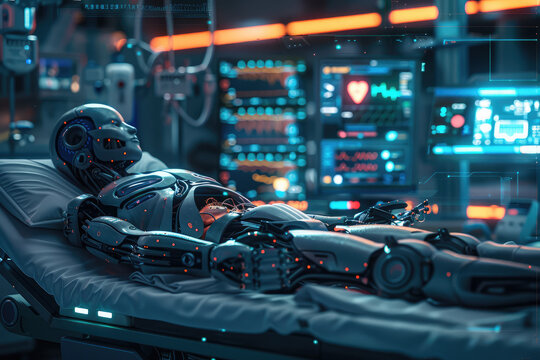 Surgery Patient Laying On Surgical Table. Robot Arms Performing High-Precision Nanosurgery In Hospital. Automated Robotic Limbs Operating, VFX Holographic Displays Showing Heartbeat, Blood Pressure.