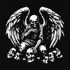 Dark Art Skull Angel Face with Wings Horror Grunge Vintage Tattoo illustration black white