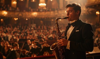 A young man is playing saxophone with an orchestra on a stage of a beautiful theater - Powered by Adobe