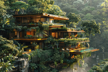 The house overlooks a ravine filled and junglelike foliage. Generative AI.