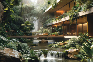 The house overlooks a ravine filled and junglelike foliage. Generative AI.