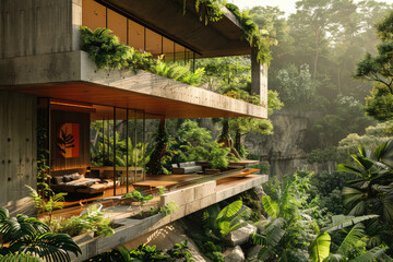 The house overlooks a ravine filled and junglelike foliage. Generative AI.