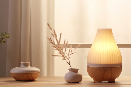 A mockup of a soothing aromatherapy diffuser on a wooden table, surrounded by soft lighting and natural elements