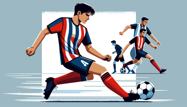 Concept of an image of a young man playing soccer.  Vector illustration.