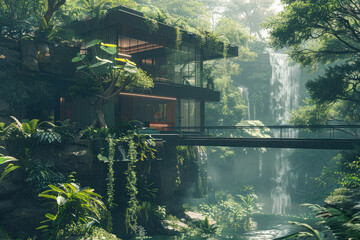 The house overlooks a ravine filled and junglelike foliage. Generative AI.