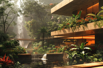 The house overlooks a ravine filled and junglelike foliage. Generative AI.