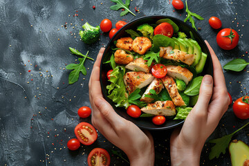 Woman's hands holding a bowl with salad with tomatoes, chicken, avocado, green leaves, top view of only hands with space for text or inscriptions, healthy eating theme.isolated.generative ai