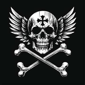 Dark Art Skull Head With Cross Sign Bone Tattoo Grunge Vintage horror illustration black white