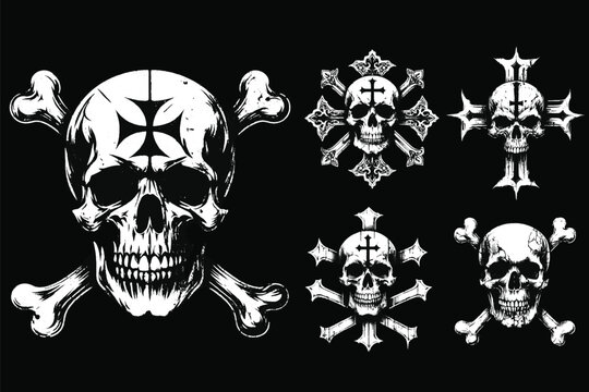 Set Dark Art Skull Head With Cross Sign Bone Tattoo Grunge Vintage horror illustration black white