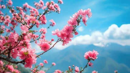 Pink Flowers Blooming on Tree With Mountains in Background