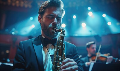 A young man is playing saxophone with an orchestra on a stage of a beautiful theater - obrazy, fototapety, plakaty