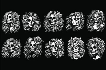 Set Bundle Dark Art Skull Girl with Long Hair Rose Woman Grunge Vintage Tattoo illustration black white