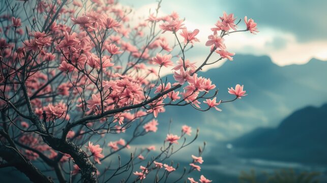 Pink Flowers Blooming on Tree With Mountains in Background