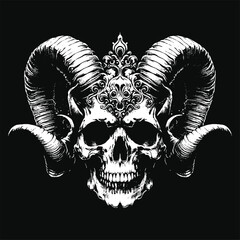 Dark Art Skull Head Horn Devil Demon Grunge Vintage Tattoo illustration Black White