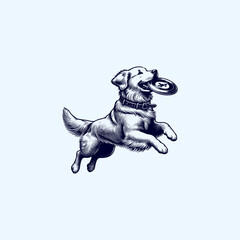 Golden retriever Dog catching frisbee hand drawn art style Vector illustration