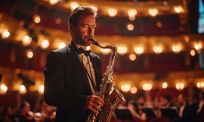 A young man is playing saxophone with an orchestra on a stage of a beautiful theater