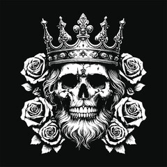 Dark Art Skull King Crown Throne with Roses Vintage Grunge Tattoo illustration black white