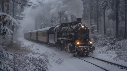 black steam locomotive in the snowy landscape forest mountains of Harz Germany in winter with snow,...