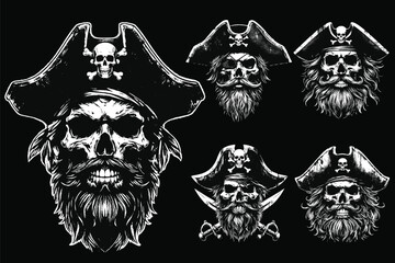 Set Dark Art Skull Pirates Captain Marine with Hat Grunge Vintage Tattoo illustration Black White