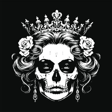 Dark Art Skull Queens Girl Lady with Rose and Crown Horror Grunge Vintage Tattoo illustration Black White