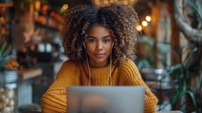 Black Woman With Earphones Using A Laptop At A Cafe. African American Woman Working On A Laptop Computer At A Coffee Shop