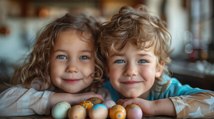 Fototapeta na wymiar cute children with easter eggs in the kitchen, smiling kids with easter eggs