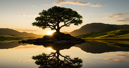 the sun setting on a lake with a tree in the foreground