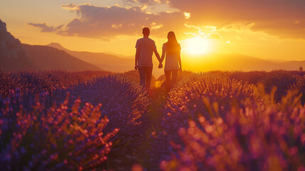 a couple walking in a lavender field at sunset, man and woman on vacation in France Provence Valensole - obrazy, fototapety, plakaty