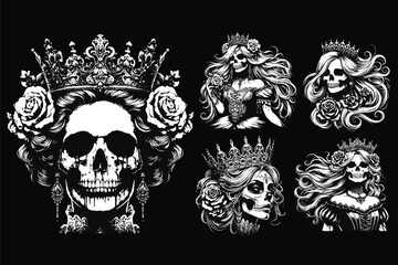 Set Dark Art Skull Queens Girl Lady with Rose and Crown Horror Grunge Vintage Tattoo illustration Black White