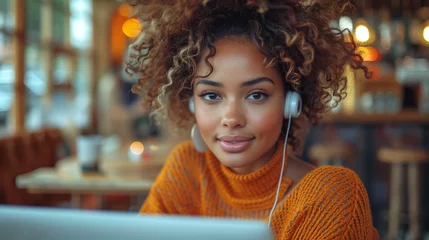 Photo sur Plexiglas Magasin de musique Portrait of an attractive young woman with earphones using a laptop at a cafe. An African American woman working on a laptop at a coffee shop