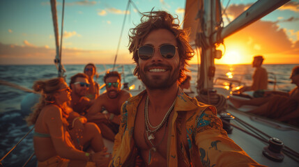Group of men and women having a boat party during sunset. Happy young friends sitting at the deck of a yacht and having fun at sunset