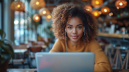 Portrait of an attractive young black woman with earphones using a laptop at a cafe. An African American woman working on a laptop computer at a coffee shop