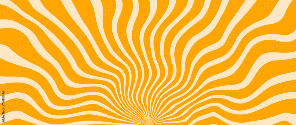 Poster orange yellow trippy burst line background. psychedelic wave stripe wallpaper. groovy twisted sunbur