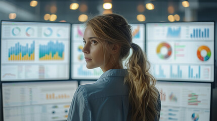 a female data analyst is looking at a bunch of data visualization and various graphs on three computer screens. Women analyze financial markets on computer screen looking sideways