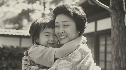 母親が子供を抱きしめている昭和初期を思わせる古いポートレート