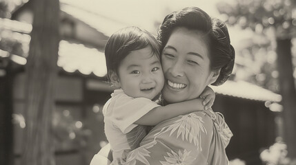 母親が子供を抱きしめている昭和初期を思わせる古いポートレート