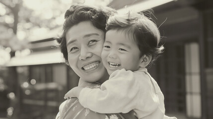 母親が子供を抱きしめている昭和初期を思わせる古いポートレート